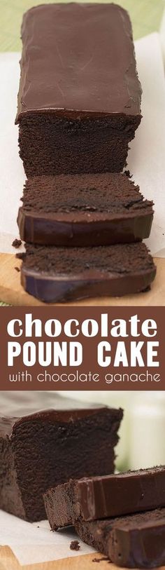 chocolate pound cake with chocolate ganache is cut into squares and stacked on top of each other