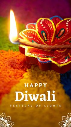 happy diwali festival greeting card with colorful flowers and candles on the occasion of diwali