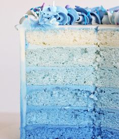 a blue and white layered cake with frosting