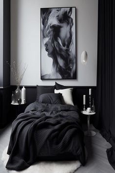 Bedroom with statement art in a black and grey setting. Statement Art Pieces, Room Focal Point, Statement Art