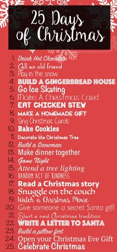 the 25 days of christmas list is shown on a red background with snowflakes