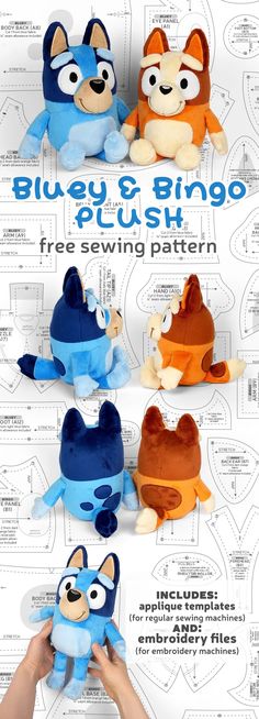 Bluey Plush Pattern, Bluey Sewing Pattern, Bluey Bingo Crochet Pattern Free, Free Plushie Sewing Patterns, Plushie Patterns Free, Free Sewing Templates, Plushie Sewing Patterns, Cute Sewing Patterns