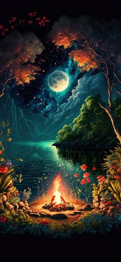 a painting of a man sitting at a campfire in front of a lake under a full moon