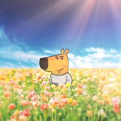 a cartoon dog is sitting in the middle of a flower field with sun shining down on it