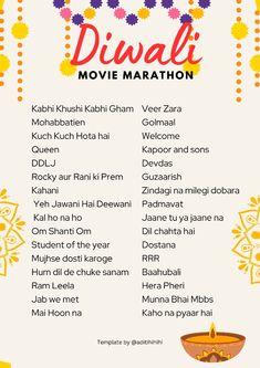 The pin is a static image which provides a list of all time favorite bollywood movies that can be viewed during diwali or festive season. Bollywood Movie Bucket List, Diwali Bucket List, Best Bollywood Movies To Watch List, Bollywood Journal, Bollywood Party Songs, Diwali Movie, Best English Movies, Series Suggestions