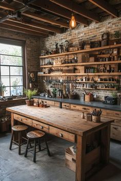 an industrial style kitchen with lots of shelves