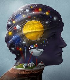 a man's head with an image of the solar system in it