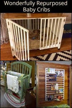 the baby crib is made out of wood and has been turned into a bookcase