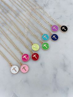 "Perfect gift for child or adult! We can customize any length. Gorgeous cross necklace on a 14k gold filled chain, 14k gold jumprings and 14k gold filled clasp. Pendant is approximately 10mm. Choose color and length at checkout.  Giftbox included! Great Easter basket gift, first communion gift, confirmation gift, baptism gift, Christmas gift!  *For Child Length - we usually do 14.5\" with a 1.25\" extender. Any length can be made upon request." Child Necklace, Getting Baptized, Necklace Colorful, First Communion Gifts, Basket Gift, Easter Gift Baskets, Communion Gifts, Gold Cross Necklace, Confirmation Gifts