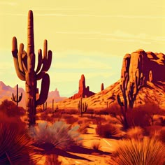 a desert scene with cactus trees and mountains in the background