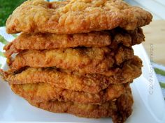 a stack of fried food sitting on top of a white plate