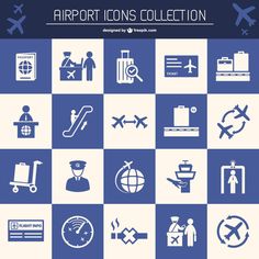 the airport icons collection is shown in blue and white