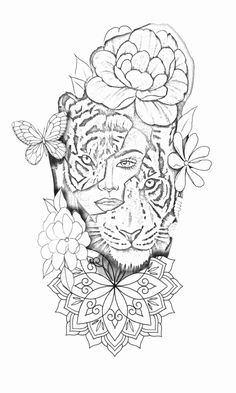 a black and white drawing of a tiger with flowers on it's head, surrounded by butterflies