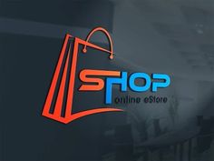 a logo for a online store with shopping bags on the front and bottom, in blue and orange colors