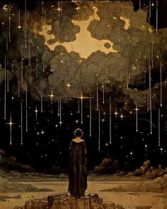 a woman standing on top of a pile of rocks under a sky filled with stars