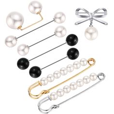 six pairs of pearl and metal pins with bows on them, all in different colors