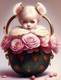 a painting of a baby in a basket with pink roses on the bottom and ears