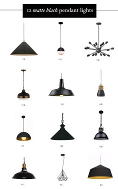 the twelve types of pendant lights that are available in various sizes and colors, including black