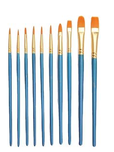 an assortment of blue and gold brushes