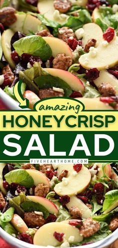 a salad with apples, spinach and cranberries in it is featured on the cover of amazing honeycrisp salad