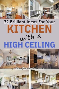 the kitchen with high ceilings and white cabinets is featured in this postcard for real estate