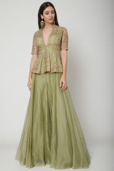 Olive Green Embroidered Peplum Top With Sharara Pants Design by Ridhi Mehra at Pernia's Pop Up Shop 2024 Peplum Style Suit, Flared Pants Outfit Indian, Plazzo With Top Outfit Indian, Plazzo Kurti Design, Net Sharara Designs, Plazzo With Top Outfit, Plazzo Suit Design, Organza Dress Indian Kurti, Peplum Top With Sharara