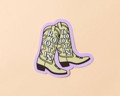 Yee-haw, cowfolk! Die cut, vinyl sticker Approximately 3" Durable, waterproof, dishwasher safe Made in the US Artwork by Meghan Hopkins Sokorai Rootin Tootin, Pink Cowgirl Boots, Bag Pins, Pink Cowgirl, Yee Haw, Happy Design, When You Love, Cowboy Boot, Western Cowboy Boots