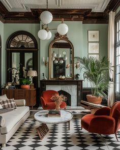 a living room filled with furniture and a fire place next to a mirror on the wall