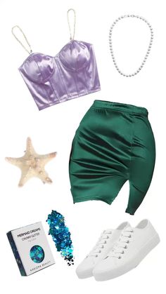 an assortment of clothing and accessories including a bra top, skirt, shoes, bracelets and necklace