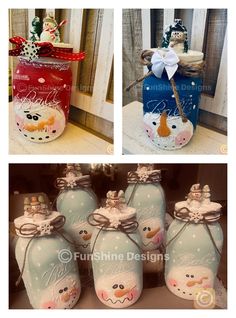 four different images of christmas jars with snowmen on them, one is blue and the other is red