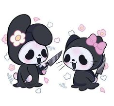 two cartoon pandas are holding a knife