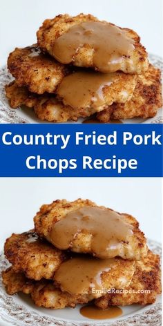 two pictures of fried pork chops with gravy on top and in the middle