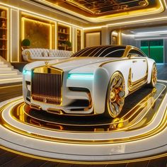 a futuristic car is shown in the middle of a room