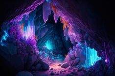 an underground cave with purple and blue lights in the dark, filled with rocks and boulders