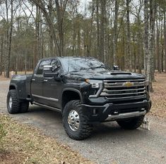 a black truck is parked in the woods