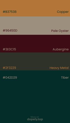 Color palette inspiration with these hex codesB37538 96450D 3E0C15 2F3229 042D29 1920s Color Scheme, Dark Colour Palette Color Combos, Decorating Color Palettes, Pub Color Palette, Pantone Hex Codes, Moody Color Palette Hex Codes, Dark Vintage Color Palette, Russian Color Palette, Winter Hex Codes