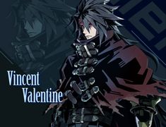 an anime character is standing in front of a black background with the words vignent valentine