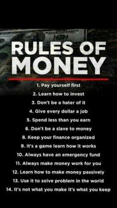 the rules of money poster is shown in black with red and white writing on it