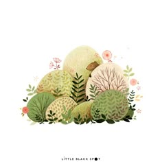 an illustration of some plants and eggs in the grass