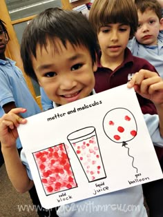 two children holding up a poster with pictures of water and liquids on it in front of them