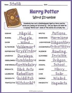 a harry potter word scramble is shown in purple