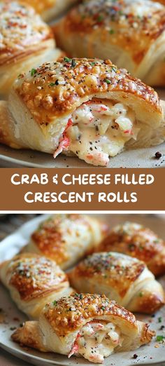 crab and cheese filled crescent rolls on a plate with text overlay that reads crab and cheese filled crescent rolls