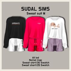 three sweatshirts and shorts with the words sweat suit m in white, black, and pink