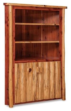 a wooden bookcase with two doors and drawers