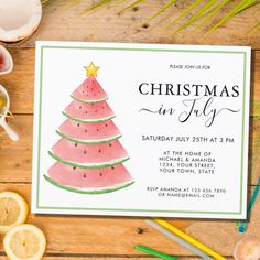 a watermelon christmas tree is on the front of this holiday party invitation card