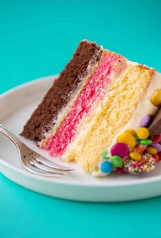 a slice of cake on a white plate with a fork and sprinkles