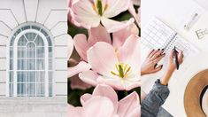 a person is writing on a piece of paper next to pink flowers and a hat