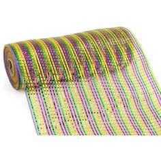 a roll of multicolored beaded ribbon on a white background with a yellow and green stripe