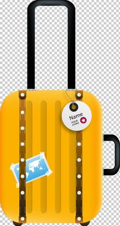 a yellow suitcase with stickers on the handles and handle is shown in front of a transparent background