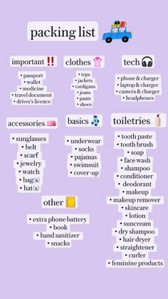 the packing list is shown in purple and has different types of items to choose from